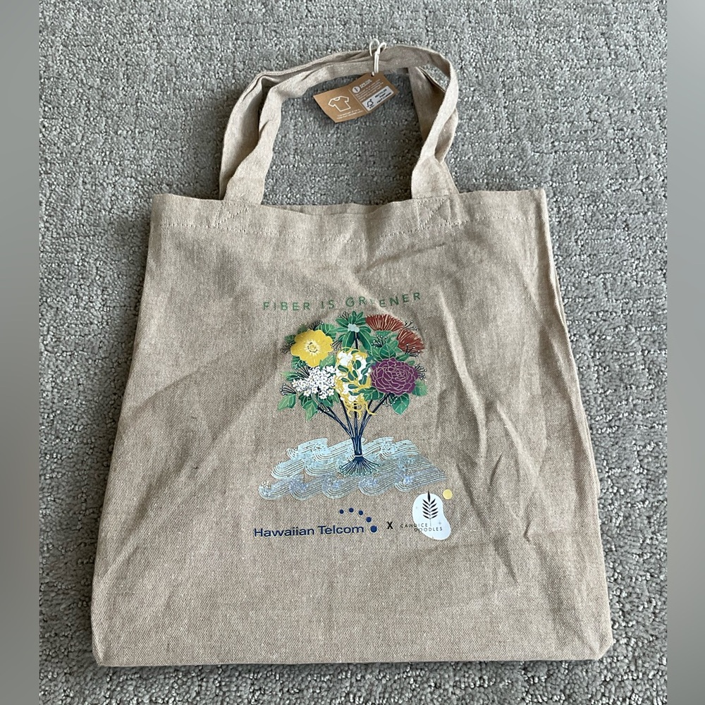 NEW Hawaiian Telecom Floral Cotton Reusable Shopping Tote Bag “Fiber Is Greener”
